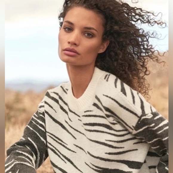 Rails Lana Tiger Pattern Wool Blend Crew Neck Sweater Ivory Gray Medium Cozy - Picture 4 of 8